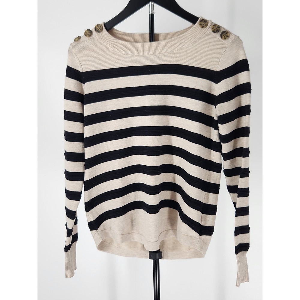Liz Claiborne Womens XS Striped Button Shoulder Sweater Beige Navy Blue Knit Top